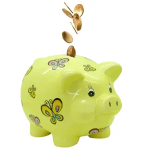 Hot Sale Sparschwein für Erwachsene in Gelb Mit Schmetterling Schwein Bank Spar büchsen mit Aufkleber Hand malerei Dolomite Piggy Coin Bank