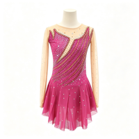 Robe de patinage artistique magenta pour enfants et adultes, col rond, manches longues en maille, dos orné de strass, pour compétition et spectacle de patinage sur glace