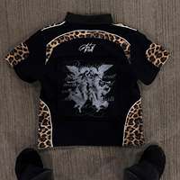 T-shirt Polo en Coton Lourd Coupe Boxy avec Broderie, Patchs, Œillets, Passepoil et Imprimé Léopard, Sérigraphie par Blocs, Sans Taxes aux États-Unis