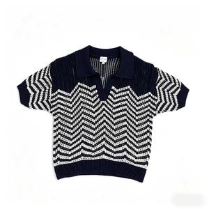 <strong>Women</strong> <strong>Navy</strong> White Pattern Type: Striped Knit <strong>Top</strong> Short Sleeve Collar: V-neck Hollow Out Casual Sweater - Product Image 2