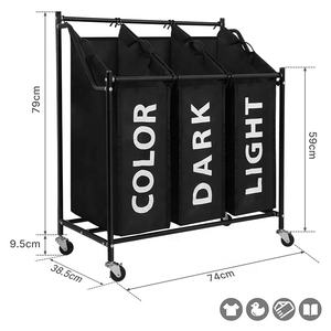 Paniers à <span class=keywords><strong>linge</strong></span> Trieur à <span class=keywords><strong>linge</strong></span> <span class=keywords><strong>sur</strong></span> roues Poubelle à <span class=keywords><strong>linge</strong></span> avec 3 sacs en tissu amovibles Cadre en métal 3X45 L Noir - Product Image 2