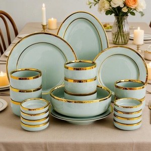 Gold Green Ceramic Bowl Plate <b>Dinnerware</b> <b>Set</b> Lightweight Luxurious Gold Edged Reusable Customized Color Creative - Product Image 3