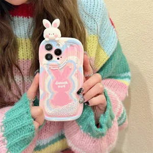 Cute Women Girl Shockproof Quicksand Bead Pink Phone Case For IPhone 15 14 13 12 Pro Max Rabbit Back Mobile Cover Shell Coque