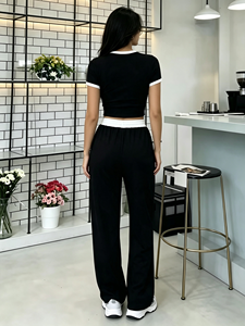 Women Contrast Trim <b>2</b> <b>Piece</b> Matching <b>Set</b>, Short Sleeve Crop Top & Drawstring Wide Leg Pants, Casual Daily Lounge Tracksuit - Product Image 3