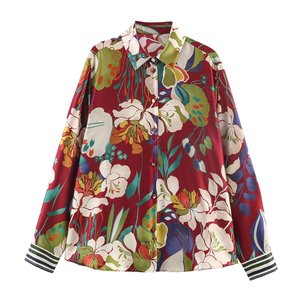 Chemisier en satin à imprimé floral rouge, manches longues, col rabattu, boutonné, tissé, pour femme, usage quotidien - Product Image 1