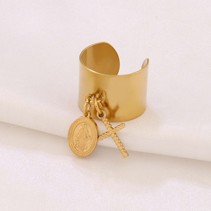 Anillo <span class=keywords><strong>Ex</strong></span> <span class=keywords><strong>Voto</strong></span> de Acero Inoxidable Chapado en Oro, Cruz y Medalla, Medalla DE LA Virgen María en Anillo, Estrella de Mar, Concha y Perla - Product Image 4