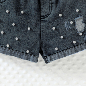 กางเกงยีนส์ขาสั้นตกแต่งมุก ผ้าโพลีเอสเตอร์/คอตตอน สไตล์ลำลองน่ารัก สำหรับเด็กผู้หญิงอายุ 3-7 ปี ลายเรียบ เสื้อผ้าแฟชั่นเด็ก - Product Image 6