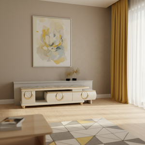Meuble <span class=keywords><strong>TV</strong></span> et Table Basse Modernes en Bois, Design Panneaux, Blanc Brillant, avec Étagères en Verre Trempé, Convient aux Téléviseurs de <span class=keywords><strong>65</strong></span> Pouces, pour Salon - Product Image 3