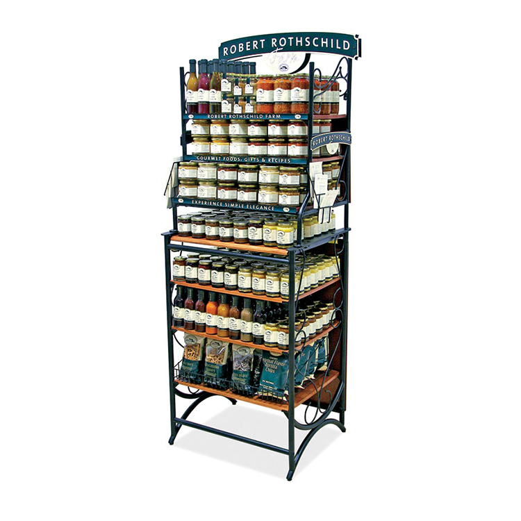 Custom Floorstanding Metal Tube Display Stand Sauce Jar Display Rack with Wooden Shelves for Department Store