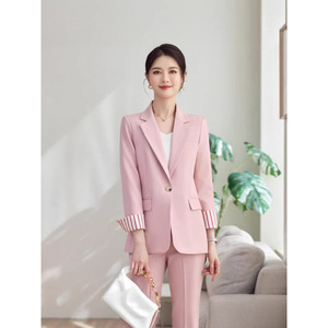 Pink Long Sleeve Blazer And Trousers Two Piece Set Women's Suit Formal Anti Wrinkle Worsted Commute Spring Autumn Winter - Product Image 1