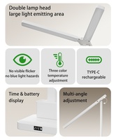 Lampe de bureau LED rechargeable à double tête avec horloge, commande tactile, lumière de lecture à intensité variable, protection des yeux, lampe de table pliable
