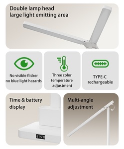 Lampe de bureau LED rechargeable à double tête avec horloge, commande tactile, lumière de lecture à intensité variable, protection des yeux, lampe de table pliable - Product Image 5