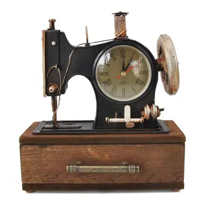 Máquina de coser modelo de artesanías de Metal con reloj caja de almacenamiento de madera modelo de Metal para el hogar recuerdo regalo Industrial decoración Vintage