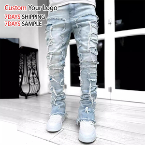 High Quality Mid <b>Waist</b> <b>Elastic</b> Straight Fit Denim <b>Jeans</b> Stretch Vintage Custom Streetwear Light Casual Stacked Slim Fit Men - Product Image 2