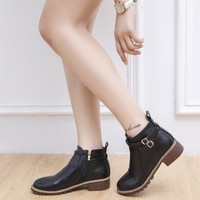 Sepatu Boots Korea Musim Gugur Kulit Sapi Asli Berbulu Tebal Platform Tinggi Resleting Atas Sol Datar Solid Musim Dingin Pendek Nyaman Hak Datar
