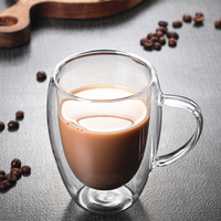 Vente en gros de tasses à thé et à café en verre borosilicate transparent avec poignée, tasses à espresso, tasses à double paroi en verre