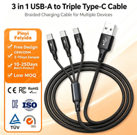 Câble de charge USB 3 en 1, type A vers triple type C, en nylon tressé, multi-ports USB-C, chargeur rapide pour plusieurs téléphones et tablettes