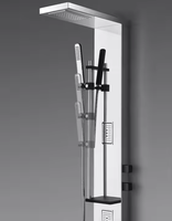 Système de douche contemporain en acier inoxydable poli S287, robinets à débit unique, panneaux de douche pluie/jet/pause, tour