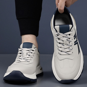Chaussures de marche pour hommes en cuir véritable avec doublure en maille, talon bas, motif géométrique, respirantes, antidérapantes, résistantes aux chocs et amorties - Product Image 4