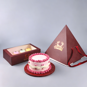 Merry Christmas Cake <b>Box</b> Set with Pink Cake and Macarons in Red Cardboard Packaging - Product Image 1