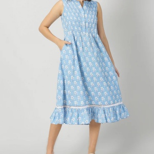 Vestido de Verano para Mujer, Moderno, de Algodón y Lino, Estampado, Cuello en V, Casual, Plisado, Sin Mangas, con Volantes en el Bajo, Estilo Midi - Product Image 1