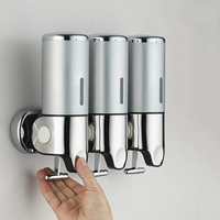 Distributeur de savon mural pour salle de bain, hôtel, Airbnb, sans perçage, avec levier en T, rechargeable, triple pompe