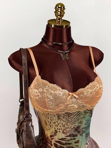 C0012 Retro Fashion Slim Fit <strong>Leopard</strong> <strong>Print</strong> Deep V Lace Patchwork Suspender Sexy <strong>Dress</strong> for Women - Product Image 2