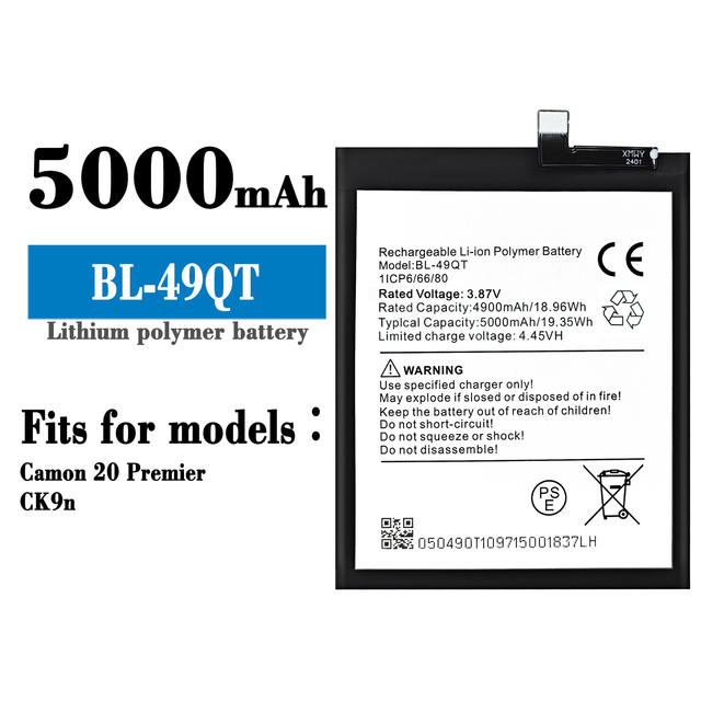 BL-49QT Mobile Phone Battery for Tecno Camon 20 Premier CK9n Replacement Polymer Lithium Battery for Tecno Batteries