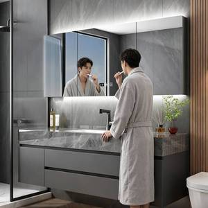 Gabinete de baño inteligente con espejo y almacenamiento, montado en la pared, con encimera de losa de mármol, avanzado y fácil de limpiar. - Product Image 4