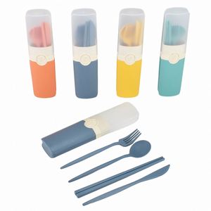 Ensemble de couverts de voyage portables en paille de blé, 4 pièces (couteau, fourchette, cuillère, baguettes) avec boîte, pour le camping - Product Image 3