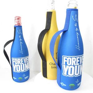 Striped Neoprene Champagne Zip-Up Wine Cooler Sleeve with Webbing Handle Strap Wine <b>Bottle</b> Cooler Case - Product Image 2
