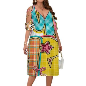 Abito con Scollo a V e Spalle Scoperte Taglie Forti per Donne, Dettagli Personalizzabili, <span class=keywords><strong>Look</strong></span> Chic per Shopping e Appuntamenti - Product Image 5