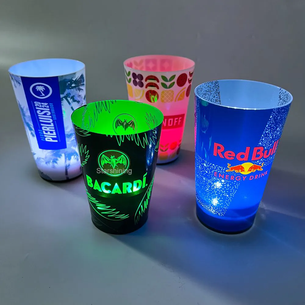 Logotipo personalizado colorido led, brilha em vidro, líquido, 12oz, 14oz, 16oz, led, copo para champagne, bar, clube noturno, festa