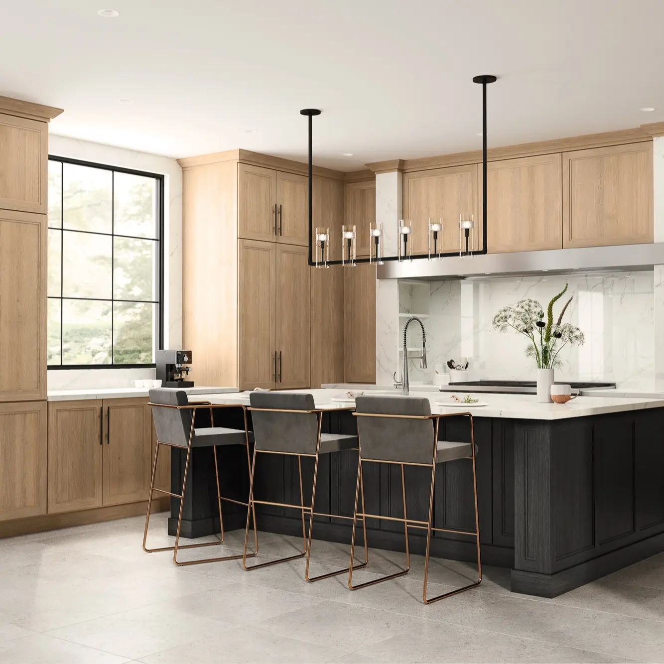 Custom European Luxury Style Solid Wood White Oak Kitchen Cabinet With Black Island