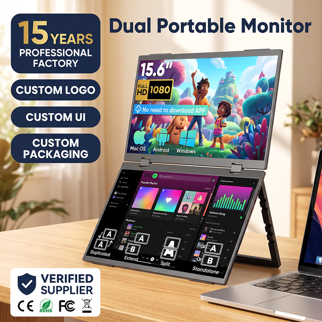 15.6 Inch LCD Dual Screen Foldable Portable Monitor 1080P IPS New Laptop Extender VESA Type-C HDR ODM Custom Speaker Plug Play