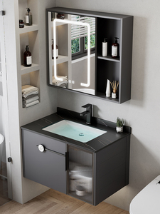 Mueble de <span class=keywords><strong>Baño</strong></span> Moderno Impermeable con Acabado Lacado LED y Espejo, Gabinete de Aluminio con Lavabo de Cerámica, <span class=keywords><strong>Diseño</strong></span> de Montaje en Pared <span class=keywords><strong>para</strong></span> Uso en Hogar y Hotel - Product Image 1