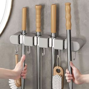 Self-Adhesive Wall Mounted Mop Holder Rack No Drilling Required Storage Shelves for Broom and Mop in Kitchen and Bathroom - Product Image 1