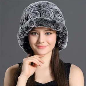 CX-C-195F China Suppliers Hand Knitted Fur Head Wear Women's Winter Hats Rex Rabbit Fur Hat