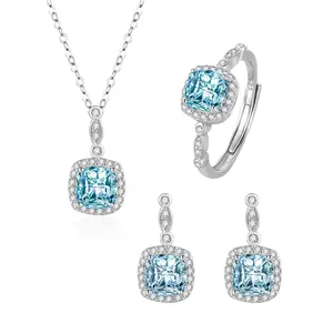 Persegi Skyblue kalung berlian S925 perak murni wanita perhiasan mewah anting-anting kristal laut biru kubik zirkonia Set perhiasan