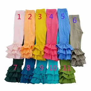 Boutique wholesale girls clothing pant candy colors ruffle bell bottom kids legging girls cotton casual pant