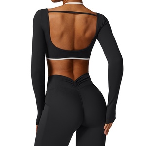 Women's Elastic Long Sleeve Yoga <strong>Legging</strong> and Tops Set Solid Pattern Quick Dry Size XL Spandex Material <strong>Cropped</strong> V Cut - Product Image 6