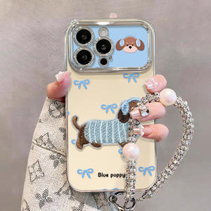Coque de téléphone Apple iPhone 16 Pro Max 15 16 14 en silicone plaqué avec motif chiot brodé et chaîne, cadeau fantaisie - Product Image 5
