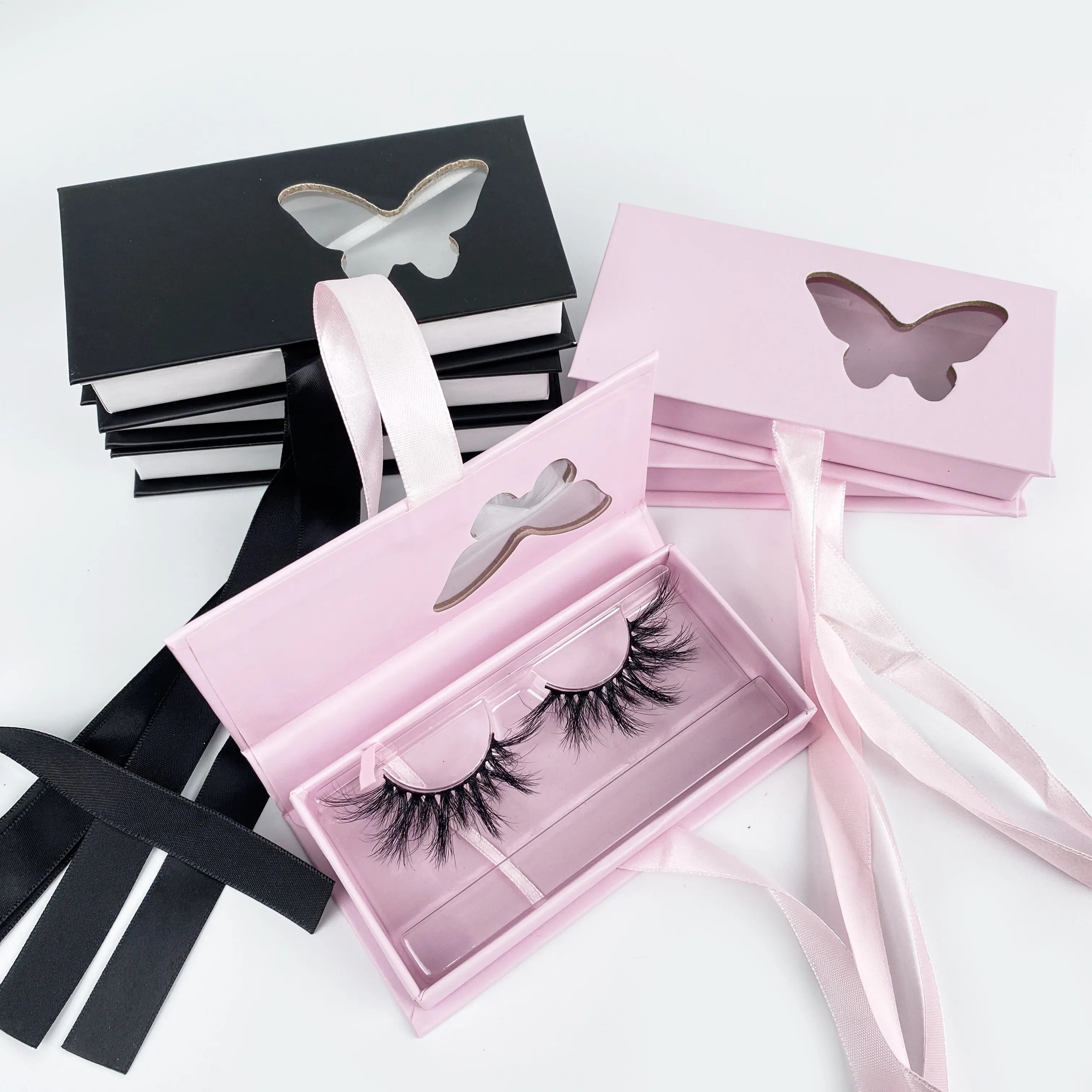 Emballage de cils papillon avec logo personnalisé Fournisseur de cils Emballage de cils personnalisé Boîtes en gros Boîte à cils rose