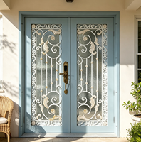 Porte d'entrée résidentielle de sécurité en fer forgé de luxe haut de gamme - Décor doré forgé avec panneau de verre à double motif