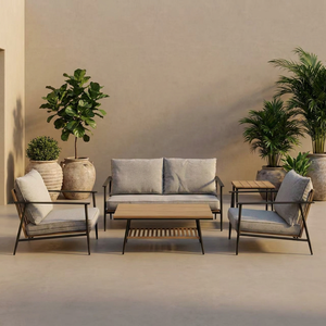 Conjunto de Sofás de Jardín de 5 Piezas con Estructura Metálica Moderna, Mesa con Aspecto de Teca, Sofá de <span class=keywords><strong>2</strong></span> <span class=keywords><strong>Plazas</strong></span>, <span class=keywords><strong>2</strong></span> Sillas Individuales, Resistente a la Intemperie - Product Image 4