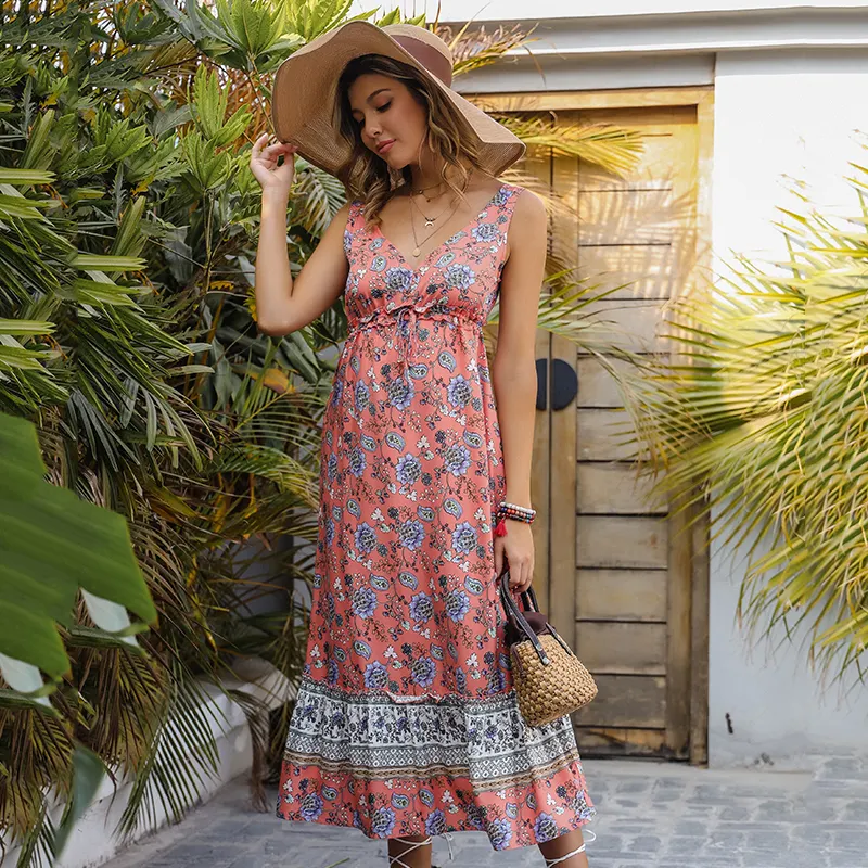 Vestidos largos informales de verano y otoño para mujer, ropa a la moda con cuello en V, sin mangas, estampado floral, maxi