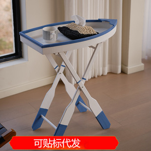 Mediterranean Style Solid Wood Boat Shaped <b>Folding</b> Coffee <b>Table</b> With Blue Trim Pine Material - Product Image 5