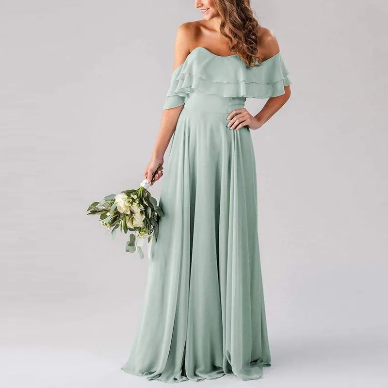 Custom Women corset Dress 2021 Long Chiffon Off Shoulder Ruffle Plus Size Maxi Green Bridesmaid Dresses