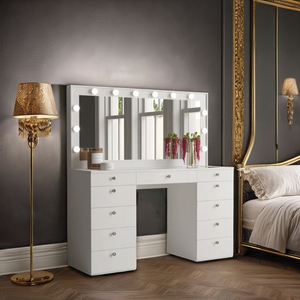 <span class=keywords><strong>Commode</strong></span> <span class=keywords><strong>contemporaine</strong></span> à tiroirs avec miroir éclairé, dessus en verre blanc et panneau de bois, table de courtoisie moderne pour le maquillage - Product Image 2