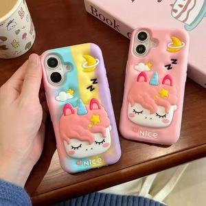 Custodia per cellulare in silicone 3D a forma di <span class=keywords><strong>unicorno</strong></span> arcobaleno con supporto retrattile e finitura spray, compatibile con <span class=keywords><strong>iPhone</strong></span> 16 - Product Image 6